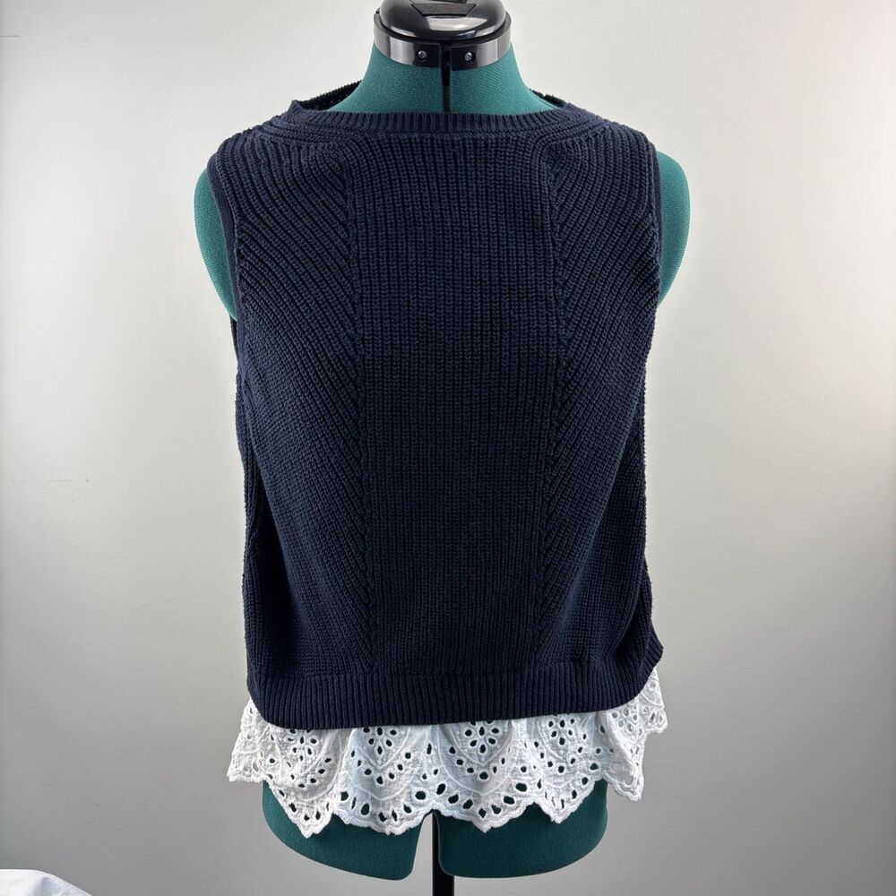 Ann Taylor LOFT Sweater Tank with Eyelet Trim in Navy Size Med Pre-owned